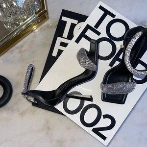 Versace Crystal Embellished Open Toe Sandals in Black